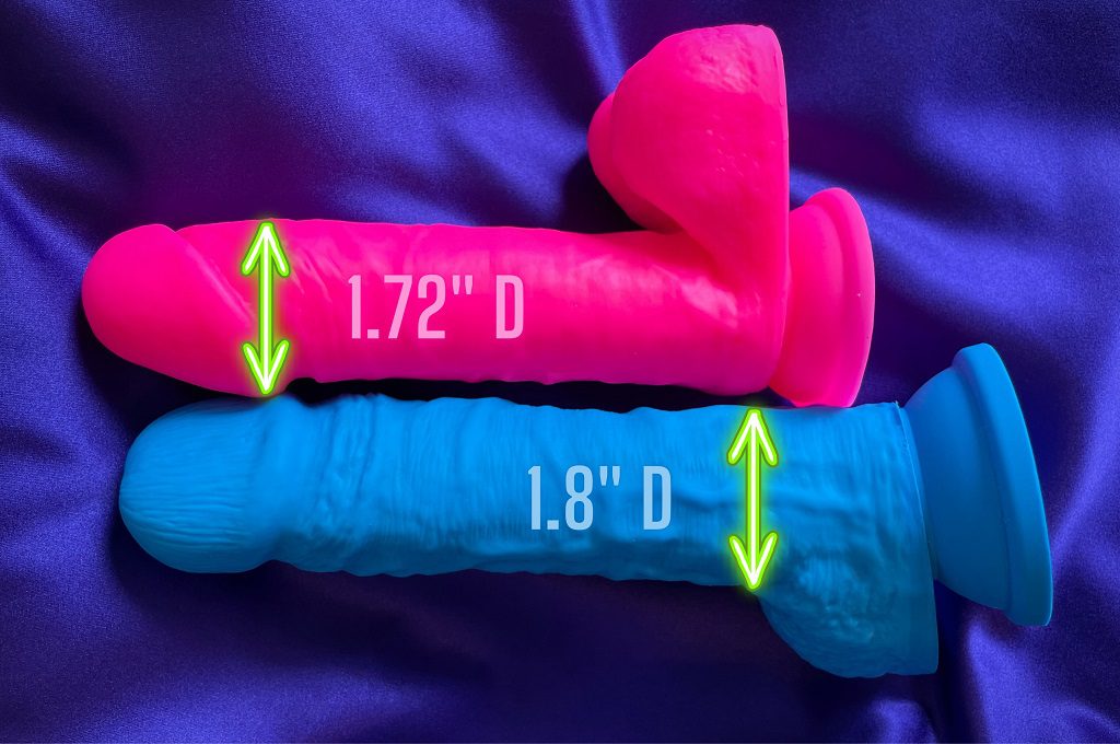 Neo Elite 8 Inch and 9 Inch dual-density silicone dildos, exact width dimensions