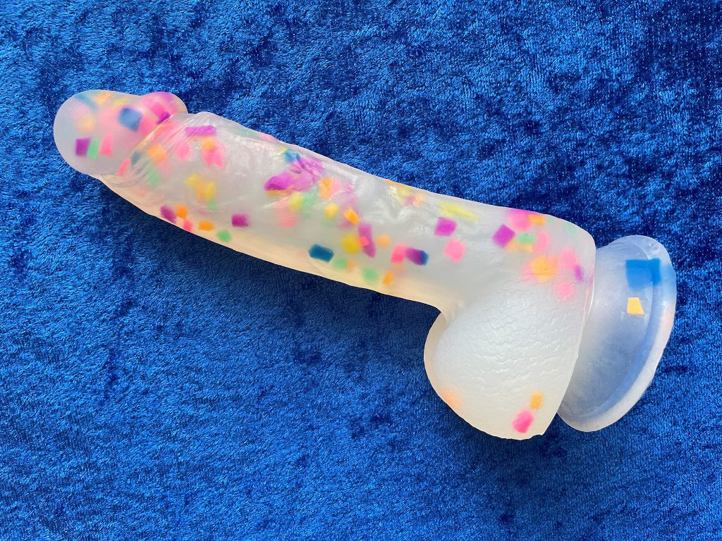 Party Marty clear confetti dildo by BMS Factory, Phallophile Reviews