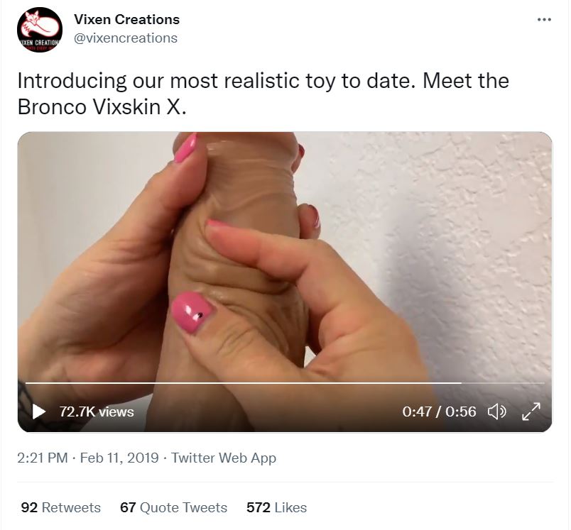 VixSkin Bronco X triple-density silicone dildo - squeezed in hand, Vixen Creations Twitter