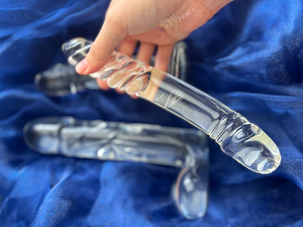 Blown Double-Ended With Twist Glass Dildo in hand