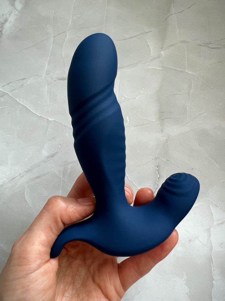 True Blue Thrusting Prostate Vibrator size in hand