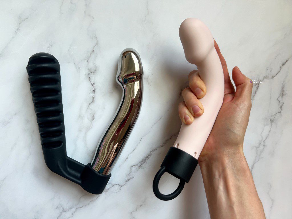 Smartee maternity vibrator dildo with handle, flexibility, vs. L'Acier Capo stainless steel dildo with handle
