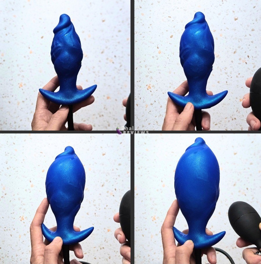 4 still shots in order of a bright blue plug increasing in size, with hand-squeeze ball pump to right side