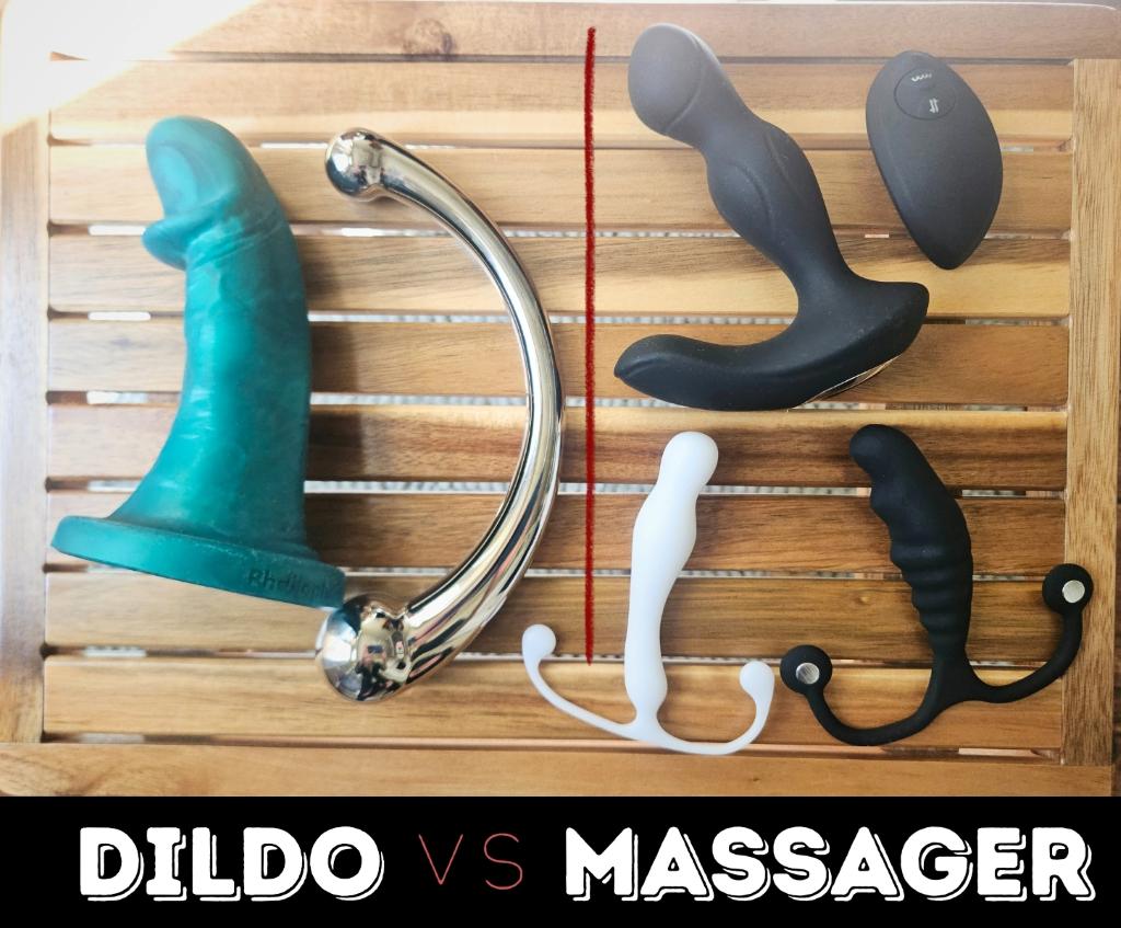 Side-by-side comparison of 2 curved prostate dildos and 3 smaller prostate massage toys, showing differences in length, shape, and tip angle.