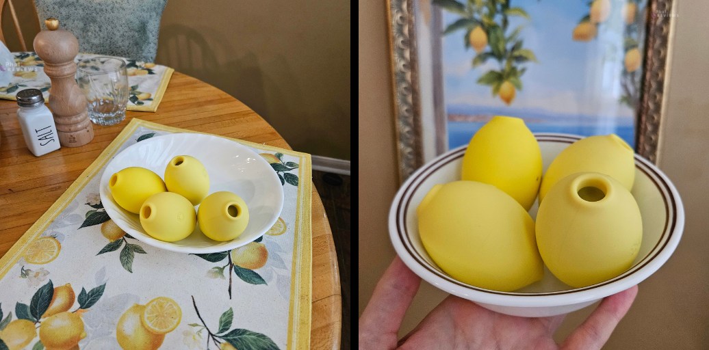 Yellow Lemon toys shown in a bowl over lemon placemat on table and in front of lemon tree painting on wall