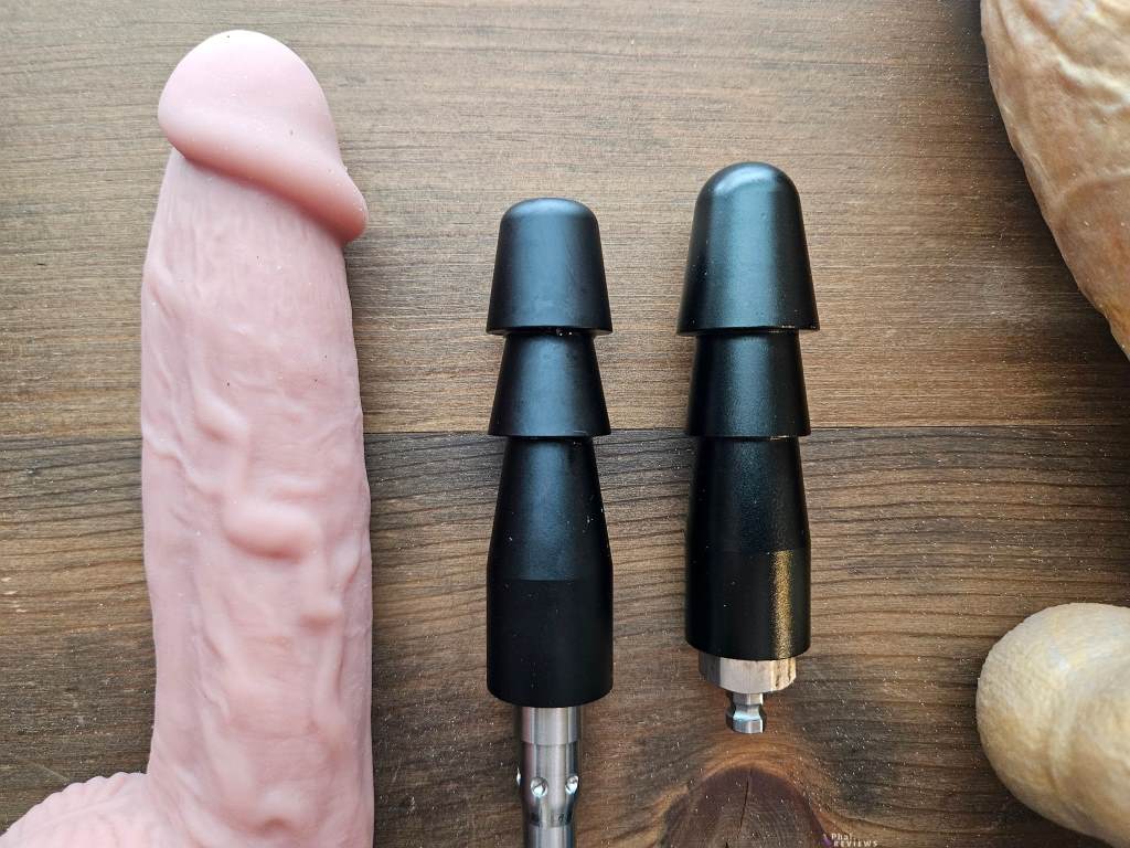 Lovense Mini Sex Machine adapter with silicone dildo, vs. normal Vac U Lock adapter from Hismith Premium fucking machine