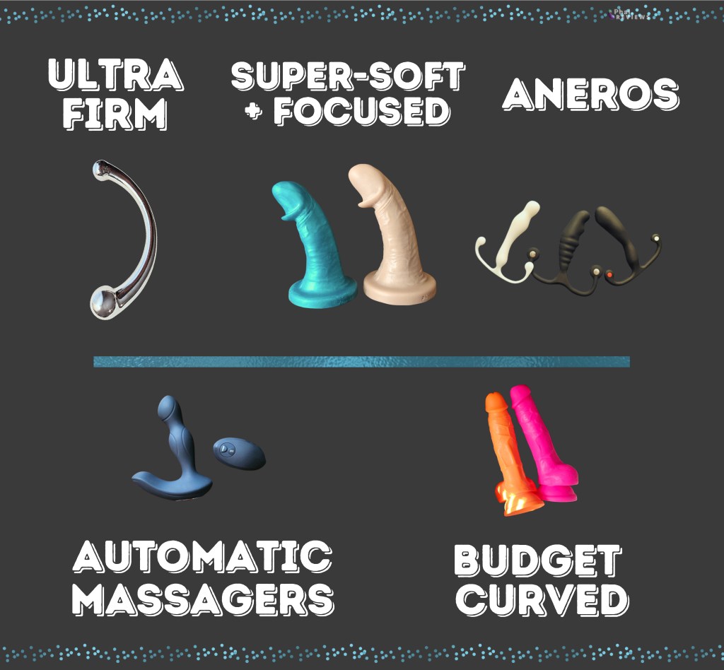 Infographic comparing prostate dildos and prostate massagers by firmness, movement range, and stimulation style.