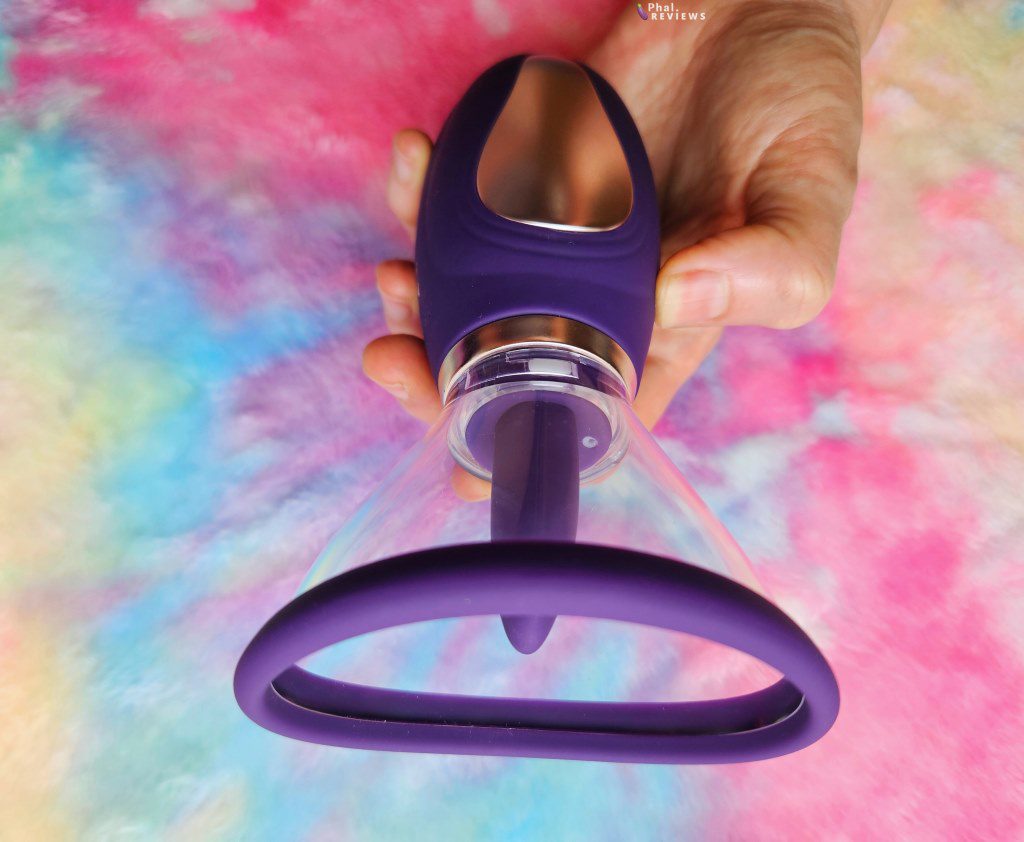 Pumped Enhance Vulva & Breast Pump Vibrator - in hand, oval vulva cup mouth