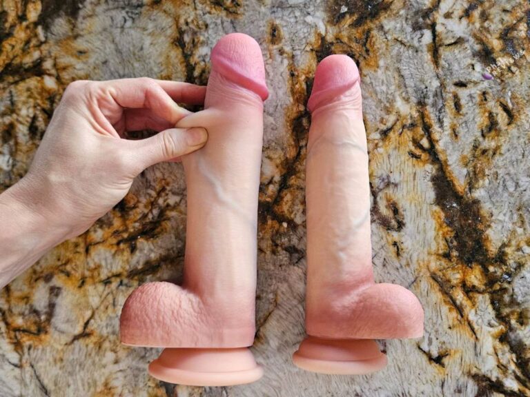 Sly Sliding skin dildos silicone, large vs. medium pinching skin dildo