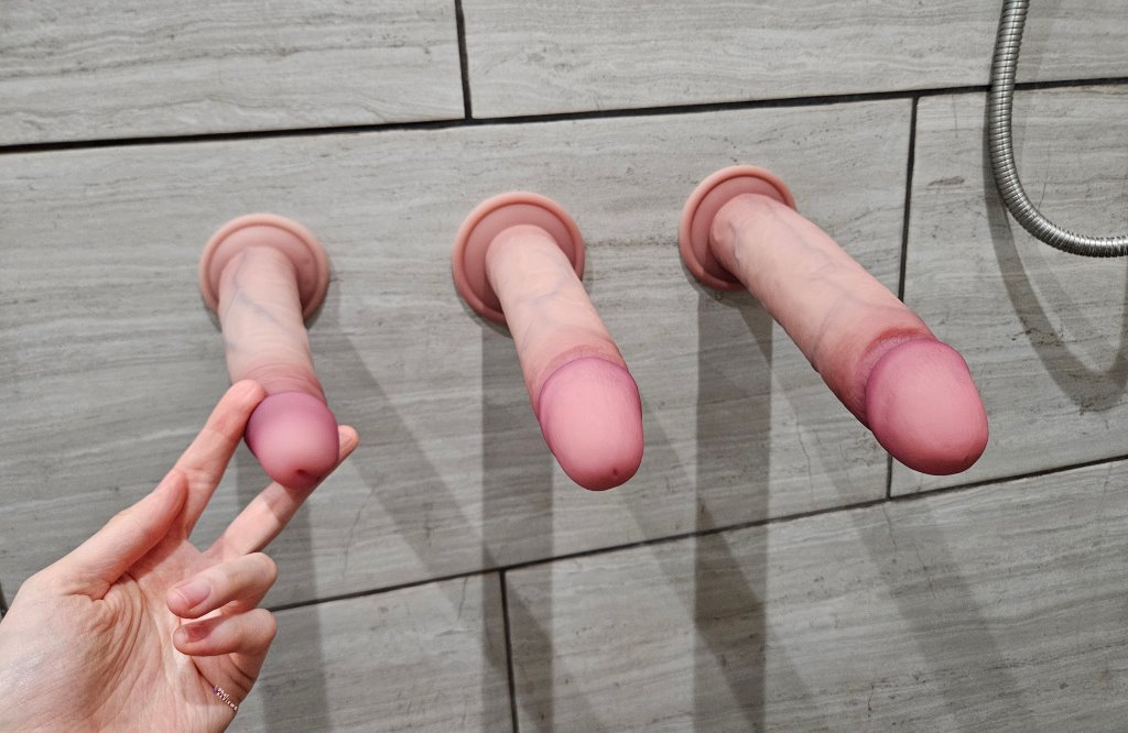 Solina dual density silicone dildos 3 sizes on shower wall, realistic skin colors