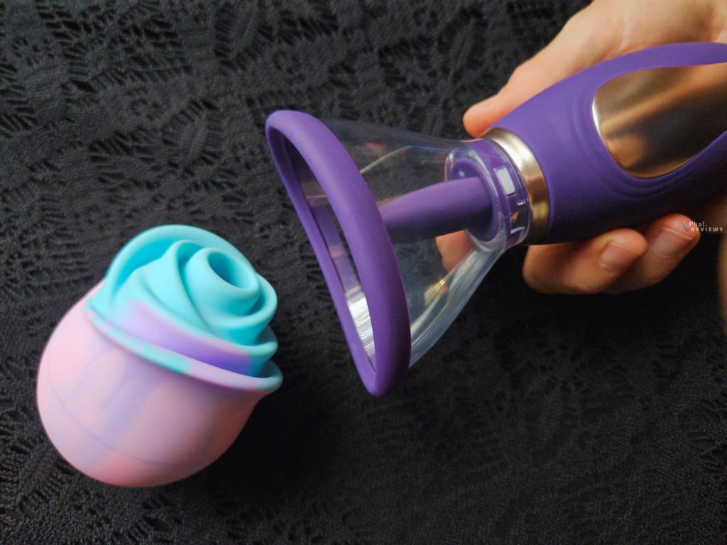 Ultimate Clitoral Bundle Zen rose vibrator with Enhance Vulva Pump in hand