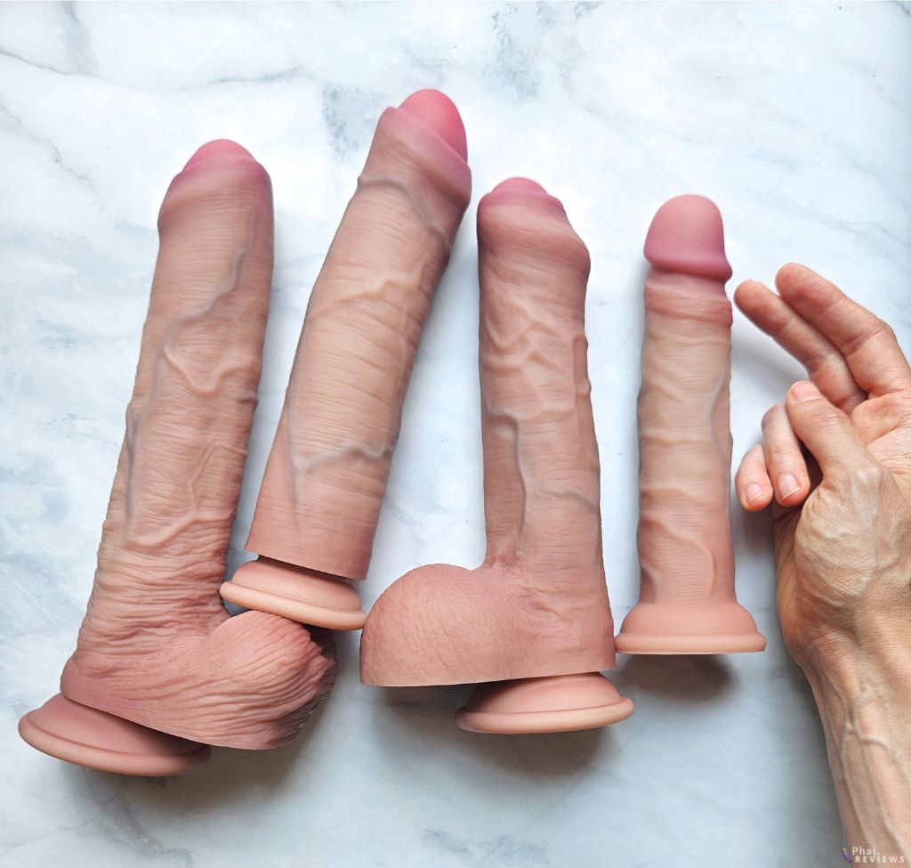 Uncut dildos with foreskin Curve Jock 3 sizes, Solina large dildo with retracted foreskin vs. fingers