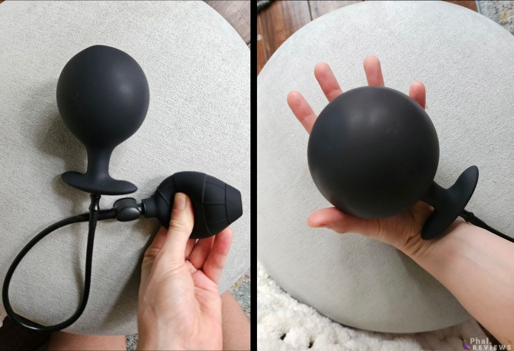 Dual views of black plug with hand over squeeze-ball pump, mostly inflated; then with  fully inflated size over palm of reviewer's hand with all 5 fingers spread open. Both views over sage green ottoman background.