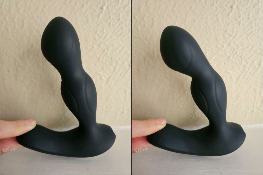automatic prostate massager shown at the top and bottom of its stroking motion range