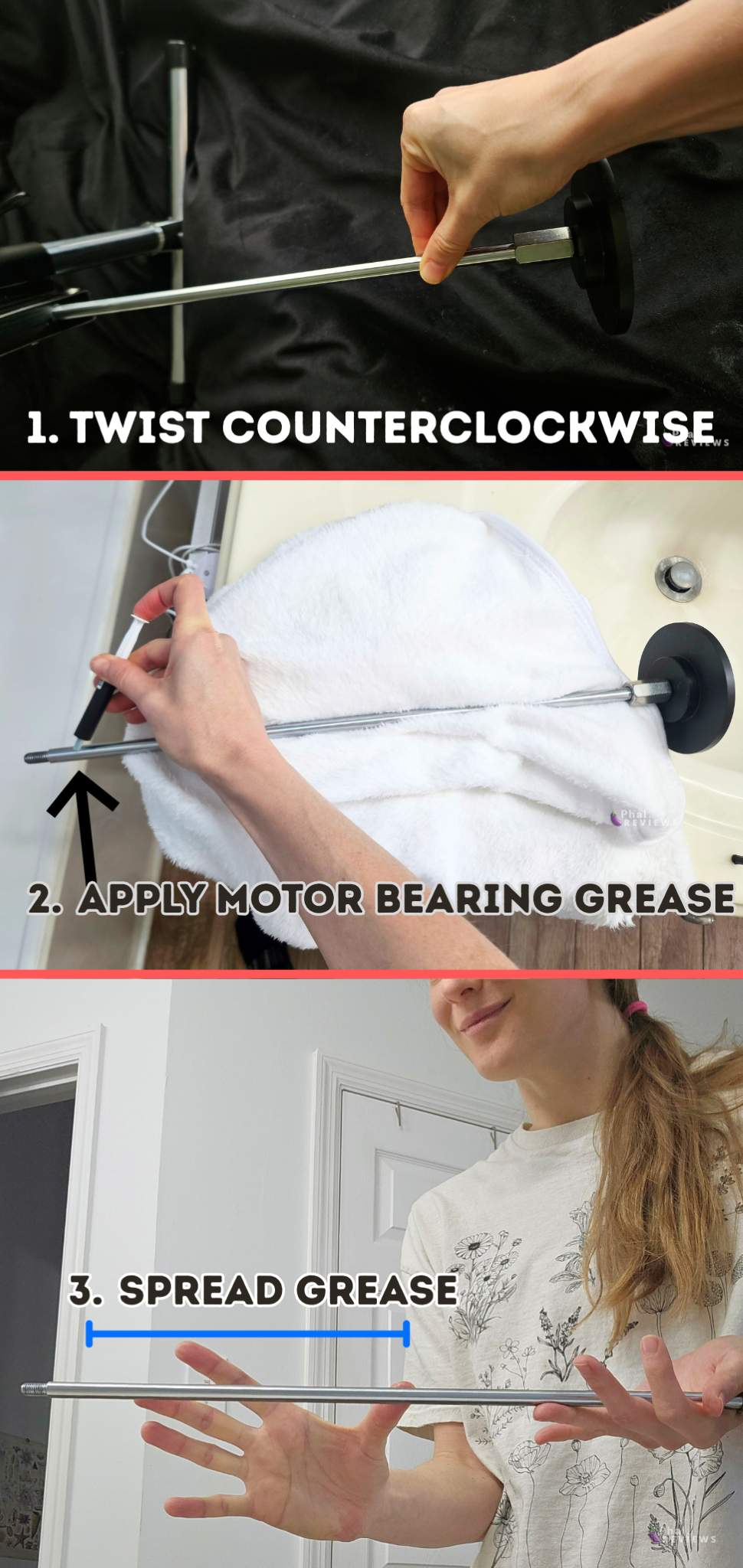 Step-by-step graphic showing how to lubricate the Solina thrusting rod with motor grease.