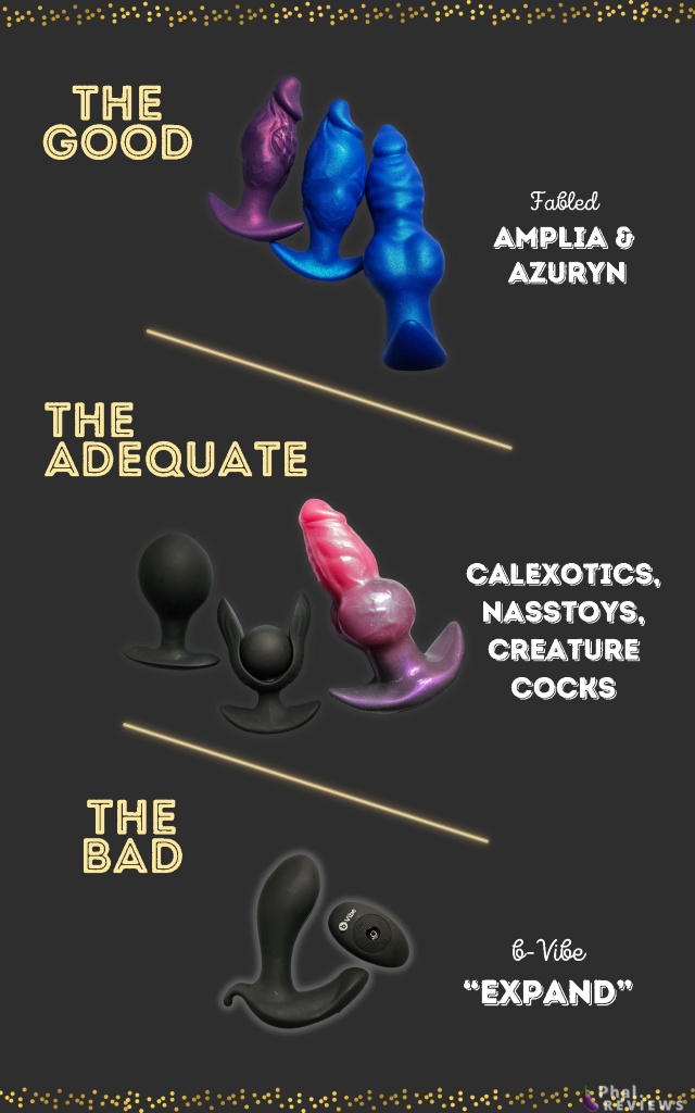 Graphic dividing inflatable plug sex toys into 3 groups: the good, the adequate, and the bad with images of plug toys tested