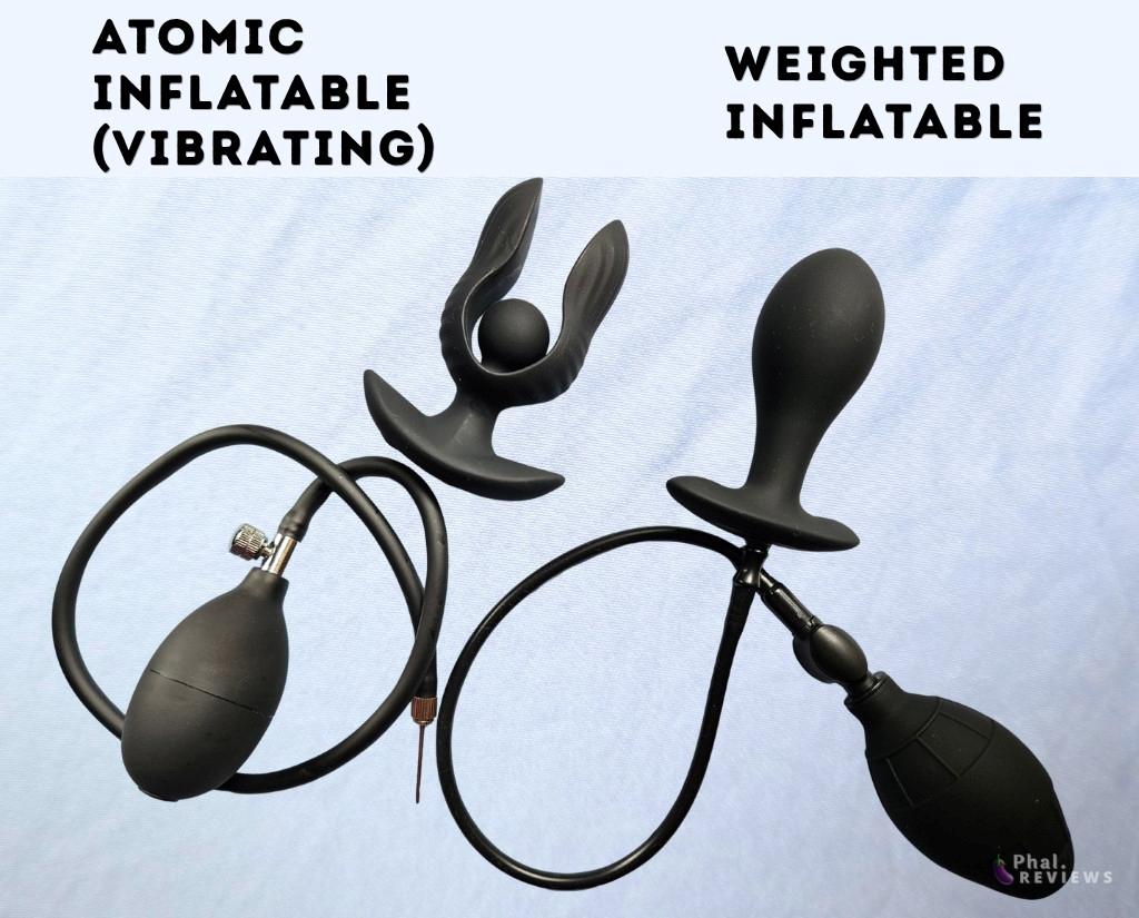 side by side of Atomic Inflatable and Weighted Inflatable Silcone plugs, showing comparative size of two abstract silicone plugs that expand